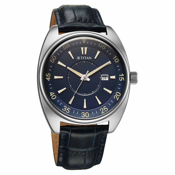 Titan Tonneau Analog with Date and Blue Dial Blue Leather Strap Watch for Men
