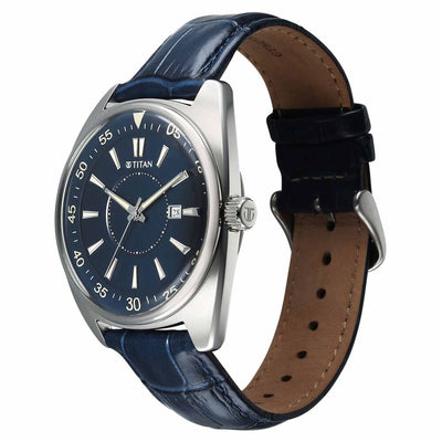 Titan Tonneau Analog with Date and Blue Dial Blue Leather Strap Watch for Men