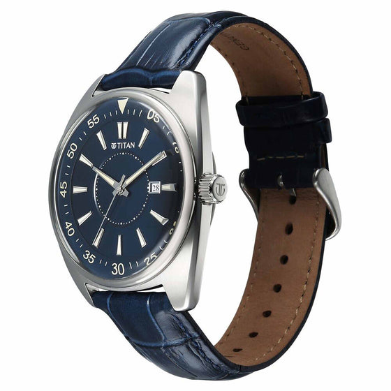 Titan Tonneau Analog with Date and Blue Dial Blue Leather Strap Watch for Men