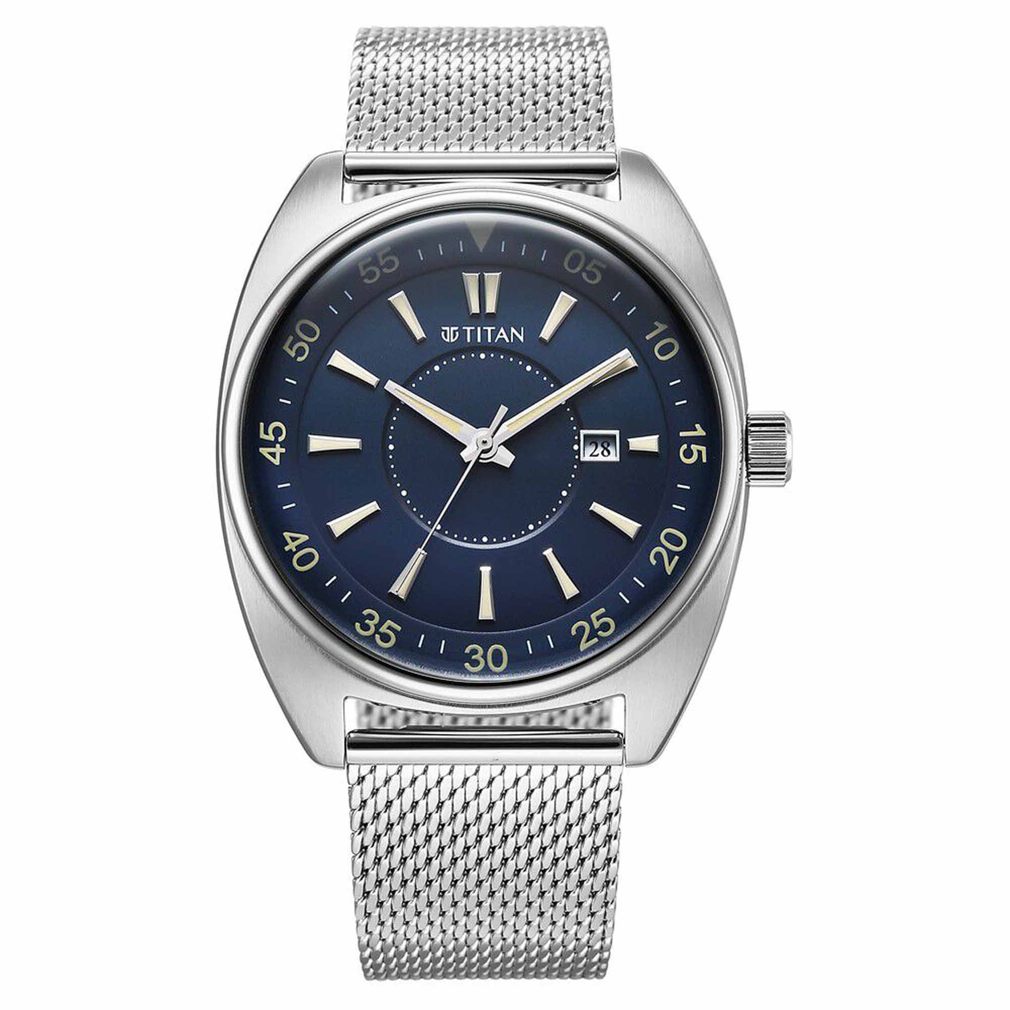 Titan Tonneau Analog with Date and Blue Dial Mesh Stainless Steel Strap Watch for Men
