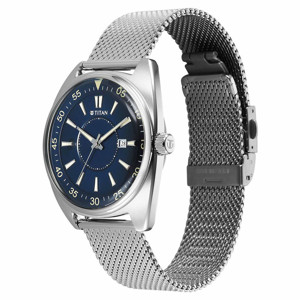 Titan Tonneau Analog with Date and Blue Dial Mesh Stainless Steel Stra
