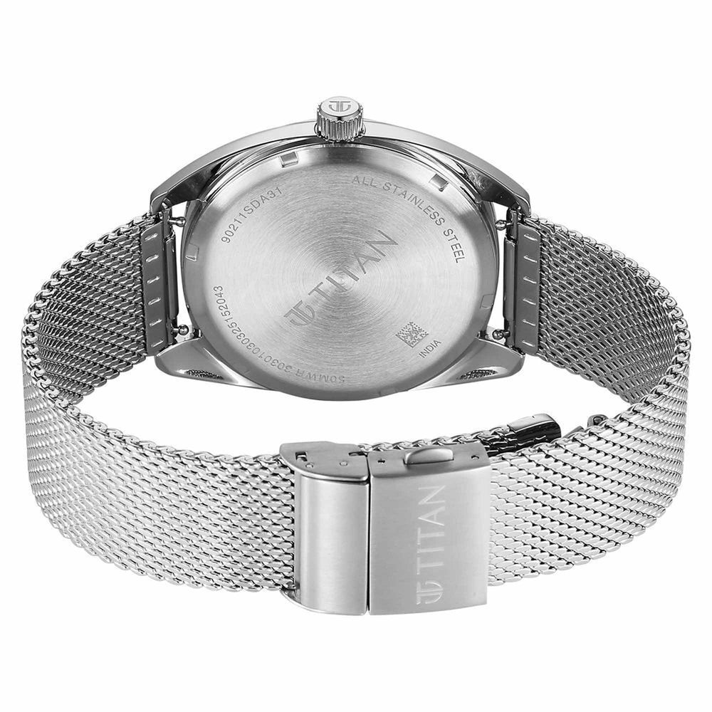 Titan Tonneau Analog with Date and Blue Dial Mesh Stainless Steel Strap Watch for Men