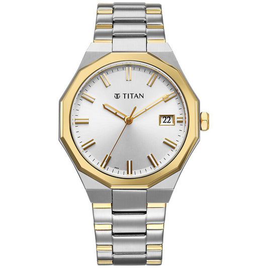 Titan Regalia Dodecagon Quartz Analog with Date Silver Dial Two Toned Watch For Men