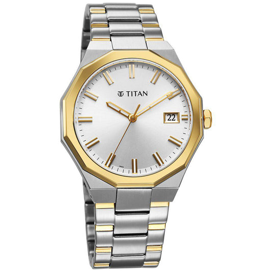 Titan Regalia Dodecagon Quartz Analog with Date Silver Dial Two Toned Watch For Men