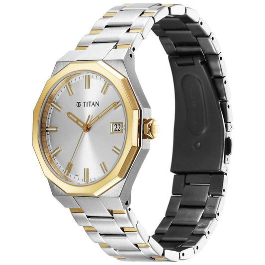 Titan Regalia Dodecagon Quartz Analog with Date Silver Dial Two Toned Watch For Men