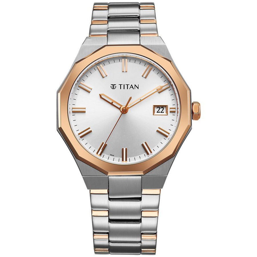 Titan Regalia Dodecagon Quartz Analog with Date Silver Dial Two Toned Stainless Steel Strap Watch For Men
