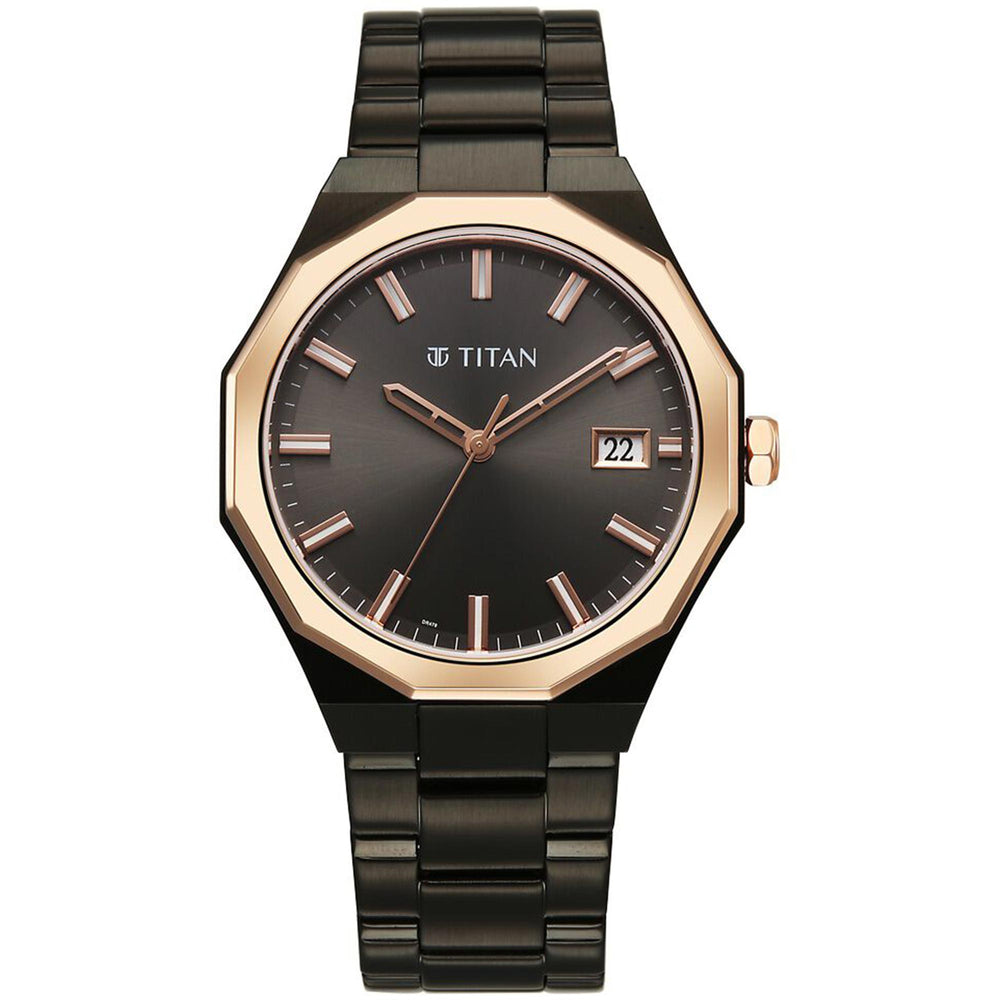Titan Regalia Dodecagon Quartz Analog with Date Grey Dial Black Stainless Steel Strap Watch For Men