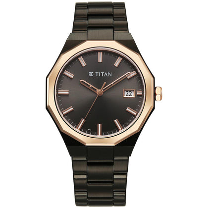Titan Regalia Dodecagon Quartz Analog with Date Grey Dial Black Stainless Steel Strap Watch For Men