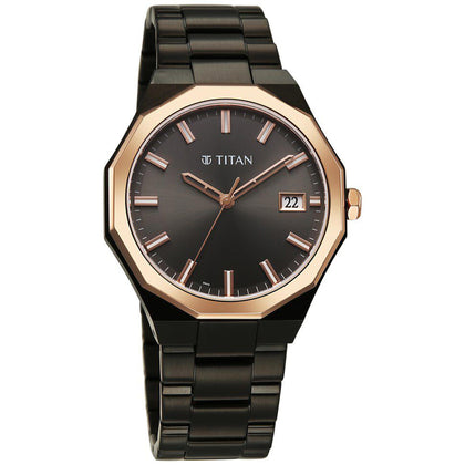 Titan Regalia Dodecagon Quartz Analog with Date Grey Dial Black Stainless Steel Strap Watch For Men