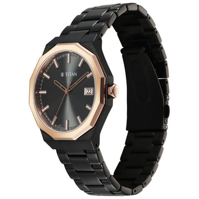 Titan Regalia Dodecagon Quartz Analog with Date Grey Dial Black Stainless Steel Strap Watch For Men