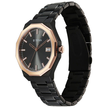 Titan Regalia Dodecagon Quartz Analog with Date Grey Dial Black Stainless Steel Strap Watch For Men