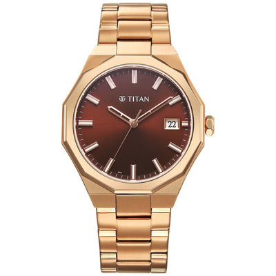 Titan Regalia Dodecagon Quartz Analog with Date Brown Dial Rose Gold Stainless Steel Strap Watch For Men