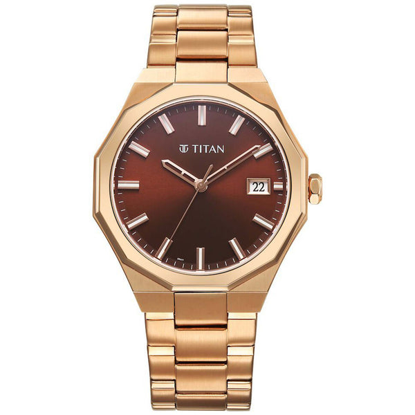 Titan Regalia Dodecagon Quartz Analog with Date Brown Dial Rose Gold Stainless Steel Strap Watch For Men