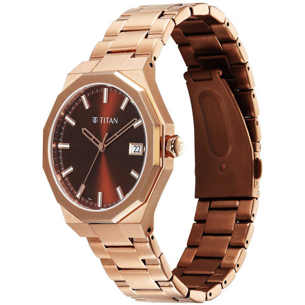 Titan Regalia Dodecagon Quartz Analog with Date Brown Dial Rose Gold Stainless Steel Strap Watch For Men