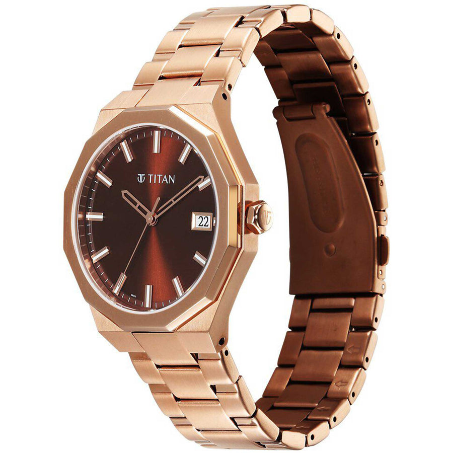 Titan Regalia Dodecagon Quartz Analog with Date Brown Dial Rose Gold Stainless Steel Strap Watch For Men