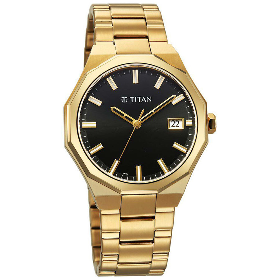 Titan Regalia Dodecagon Quartz Analog with Date Black Dial Golden Stainless Steel Strap Watch For Men