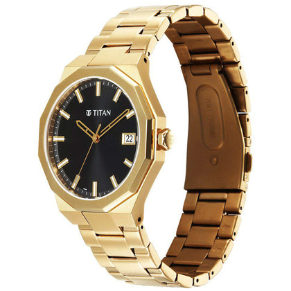 Titan Regalia Dodecagon Quartz Analog with Date Black Dial Golden Stainless Steel Strap Watch For Men