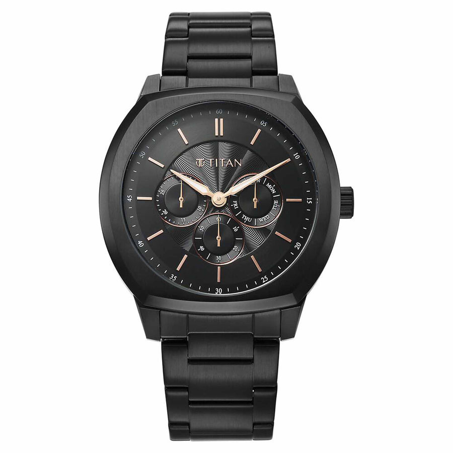 Titan Regalia Arc Analog with Day Date Second Subdial and Black Dial Black Stainless Steel Strap Watch for Men
