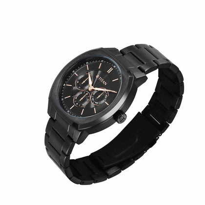 Titan Regalia Arc Analog with Day Date Second Subdial and Black Dial Black Stainless Steel Strap Watch for Men