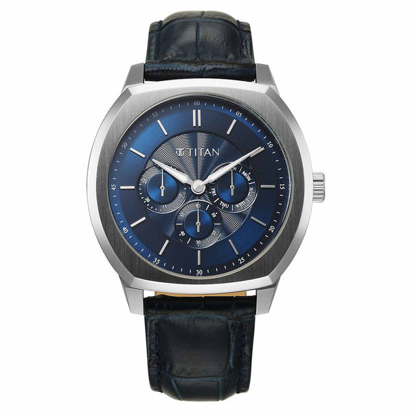 Titan Regalia Arc Analog with Day Date Second Subdial and Blue Dial Blue Leather Strap Watch for Men