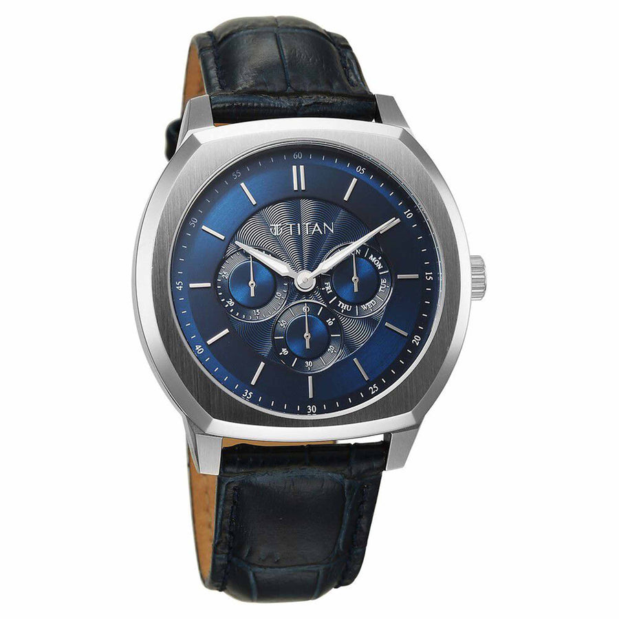 Titan Regalia Arc Analog with Day Date Second Subdial and Blue Dial Blue Leather Strap Watch for Men