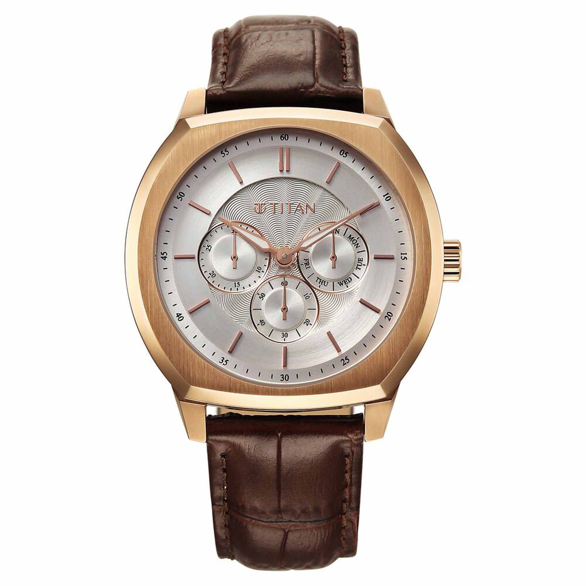 Titan Regalia Arc Analog with Day Date Second Subdial and Silver Dial Brown Leather Strap Watch for Men