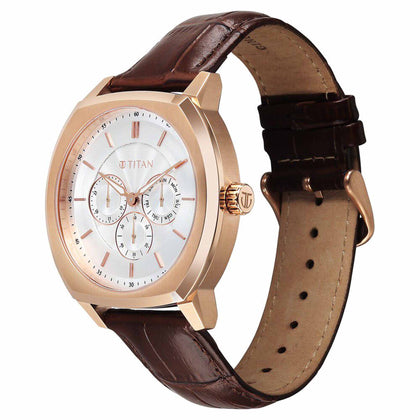 Titan Regalia Arc Analog with Day Date Second Subdial and Silver Dial Brown Leather Strap Watch for Men