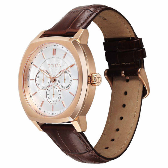 Titan Regalia Arc Analog with Day Date Second Subdial and Silver Dial Brown Leather Strap Watch for Men