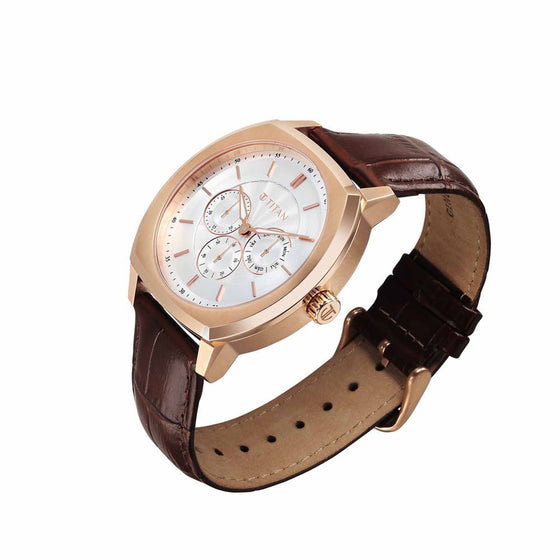 Titan Regalia Arc Analog with Day Date Second Subdial and Silver Dial Brown Leather Strap Watch for Men
