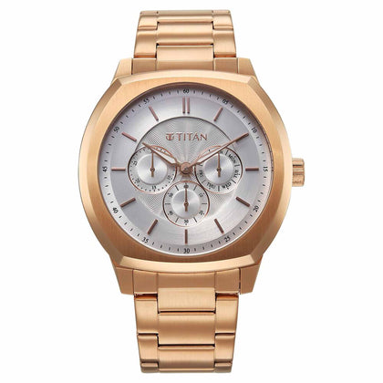 Titan Regalia Arc Analog with Day Date Second Subdial and Silver Dial Rose Gold Stainless Steel Strap Watch for Men