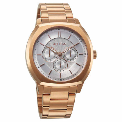 Titan Regalia Arc Analog with Day Date Second Subdial and Silver Dial Rose Gold Stainless Steel Strap Watch for Men