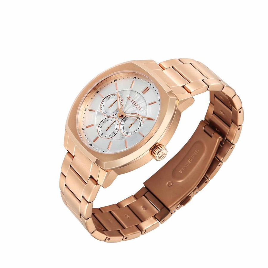 Titan Regalia Arc Analog with Day Date Second Subdial and Silver Dial Rose Gold Stainless Steel Strap Watch for Men