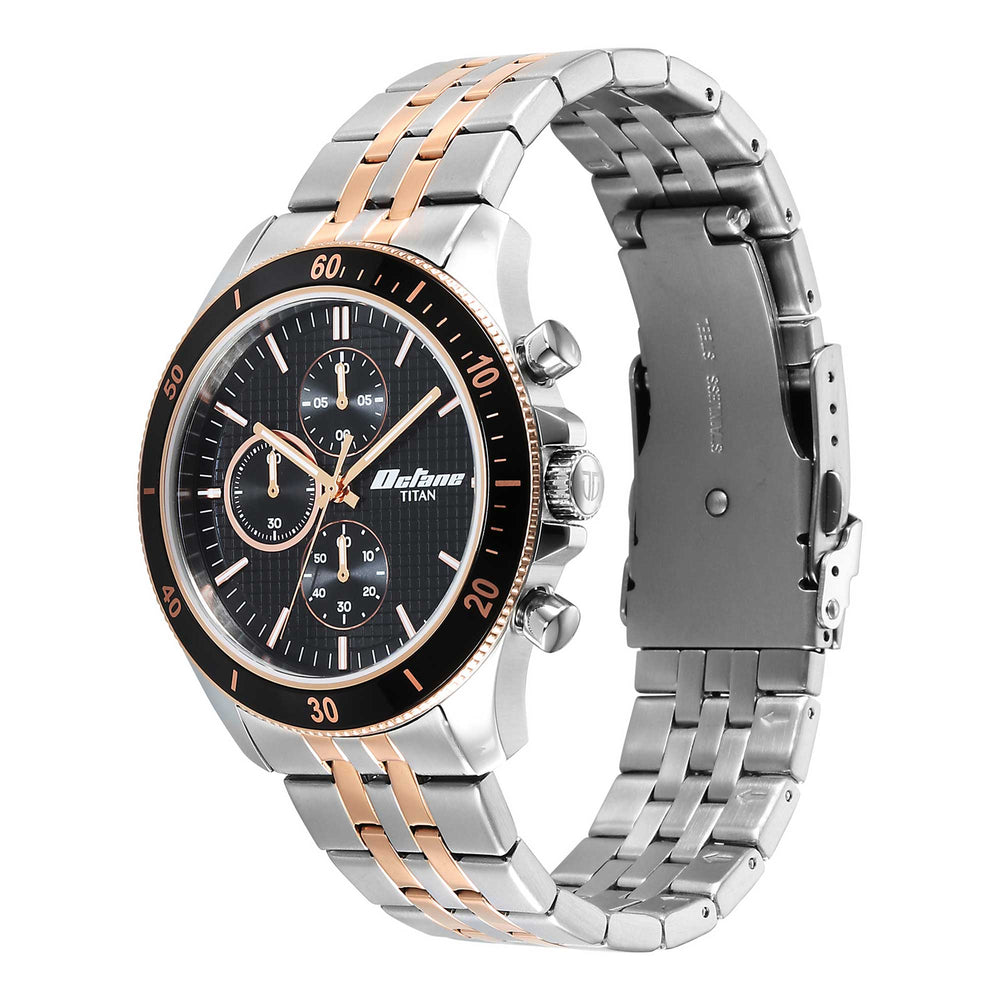 Titan Octane Black Dial Two Toned Stainless Steel Strap Chronograph Watch for Men