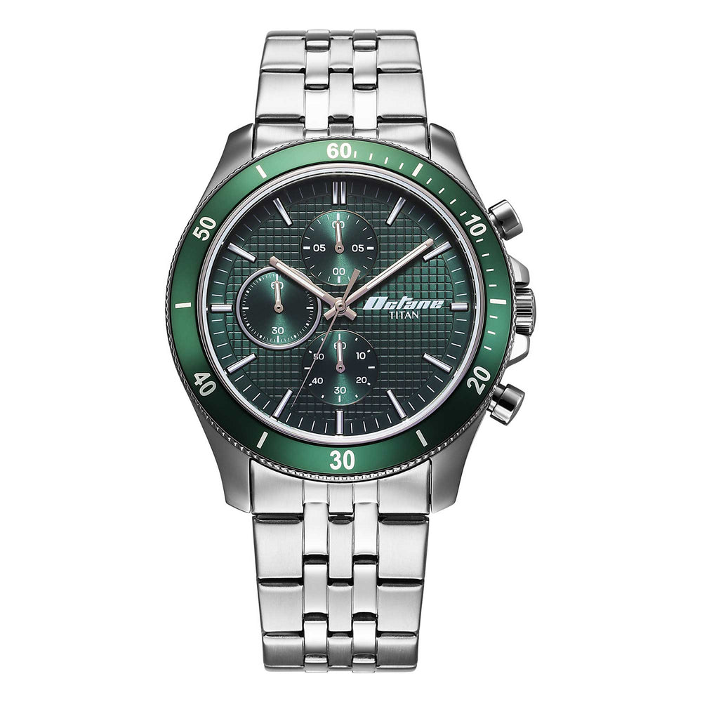 Titan Octane Green Dial Silver Stainless Steel Strap Chronograph Watch for Men