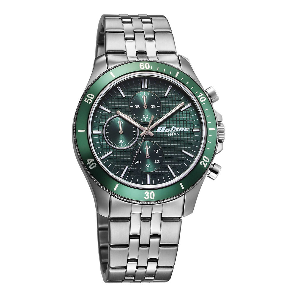 Titan Octane Green Dial Silver Stainless Steel Strap Chronograph Watch for Men