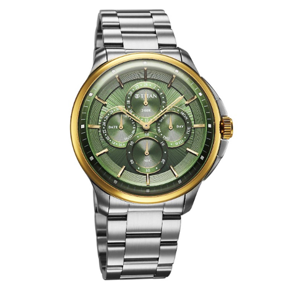 Titan Green Dial Silver Stainless Steel Strap Multifunction Watch for Men