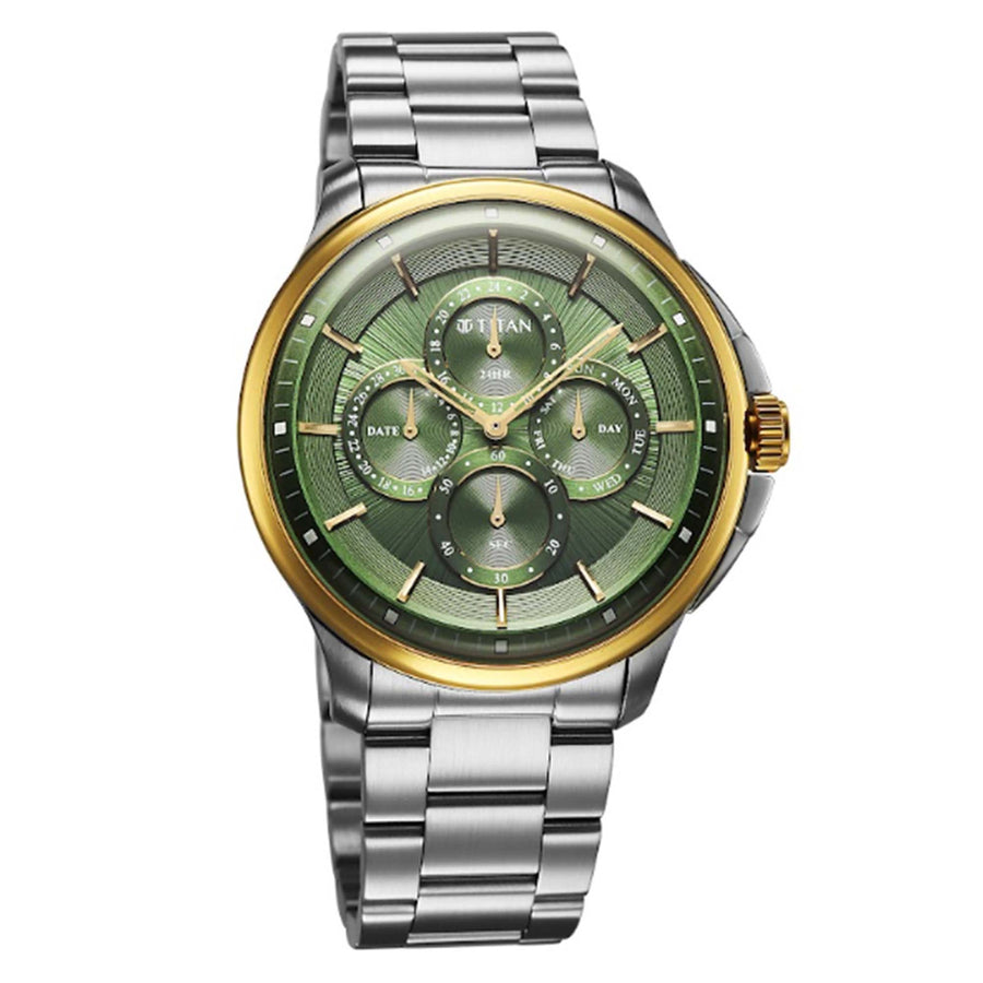 Titan Green Dial Silver Stainless Steel Strap Multifunction Watch for Men