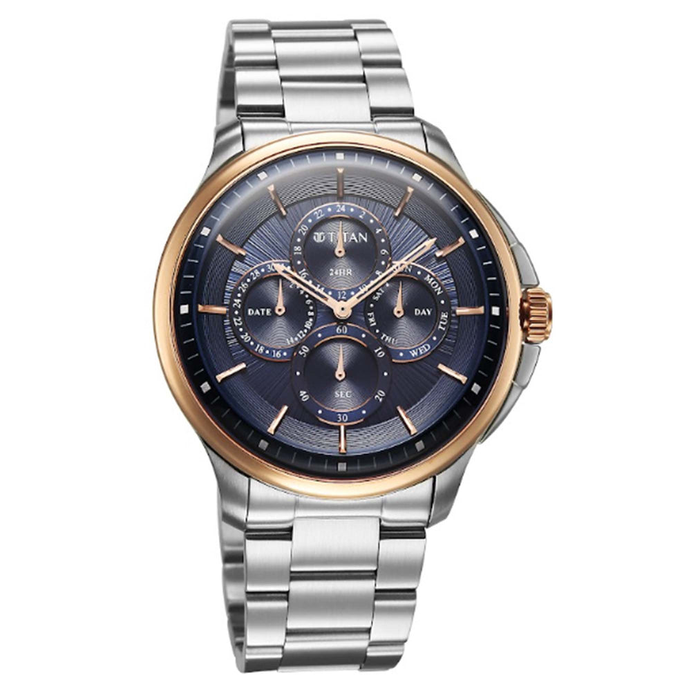 Titan Blue Dial Silver Stainless Steel Strap Multifunction Watch for Men