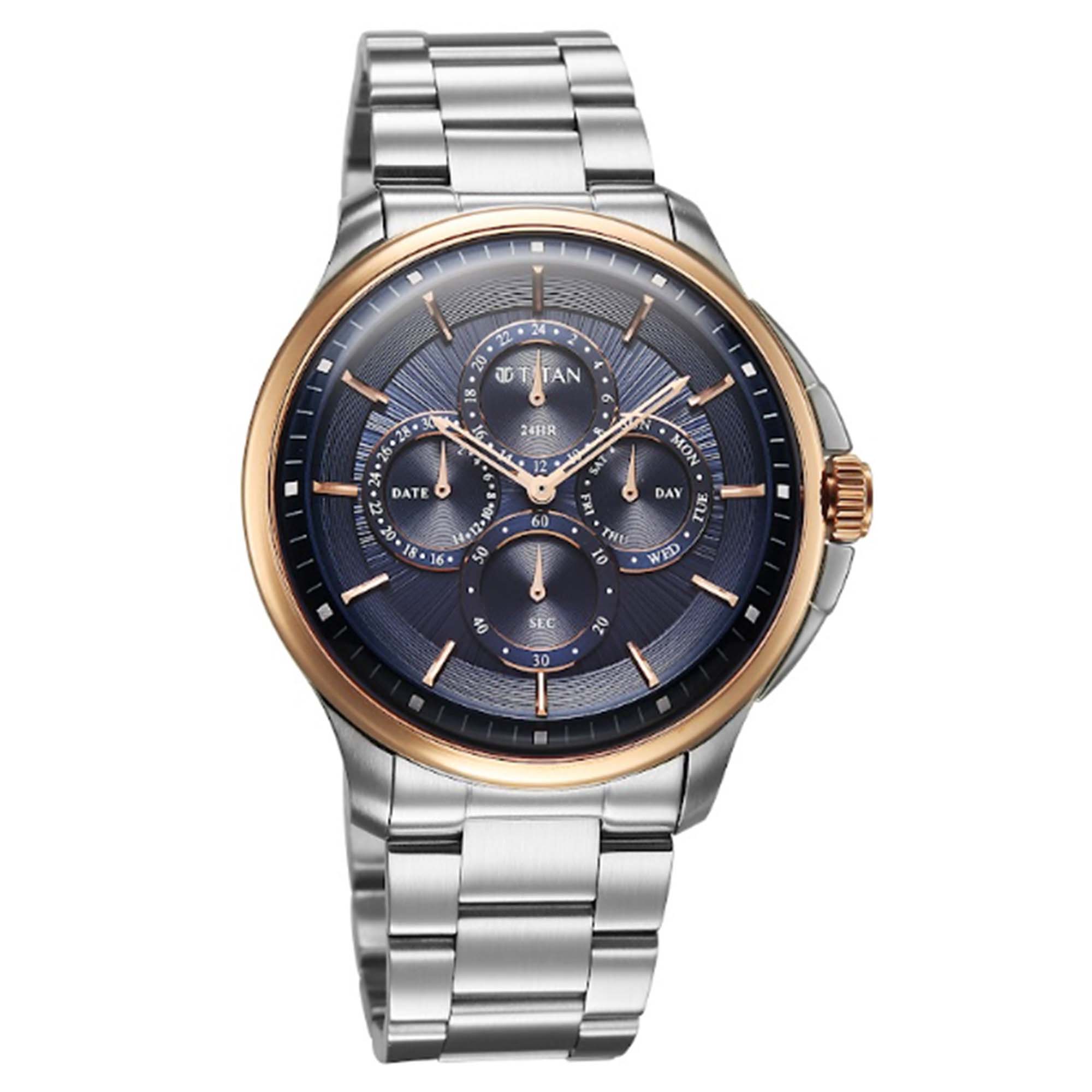 Titan Blue Dial Silver Stainless Steel Strap Multifunction Watch for Men
