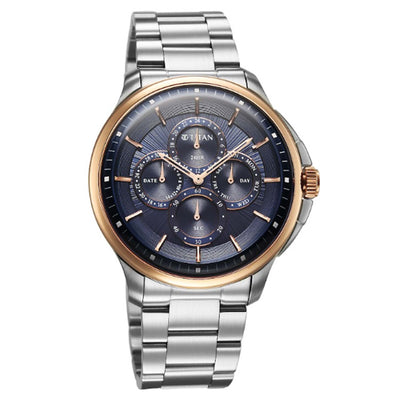 Titan Blue Dial Silver Stainless Steel Strap Multifunction Watch for Men