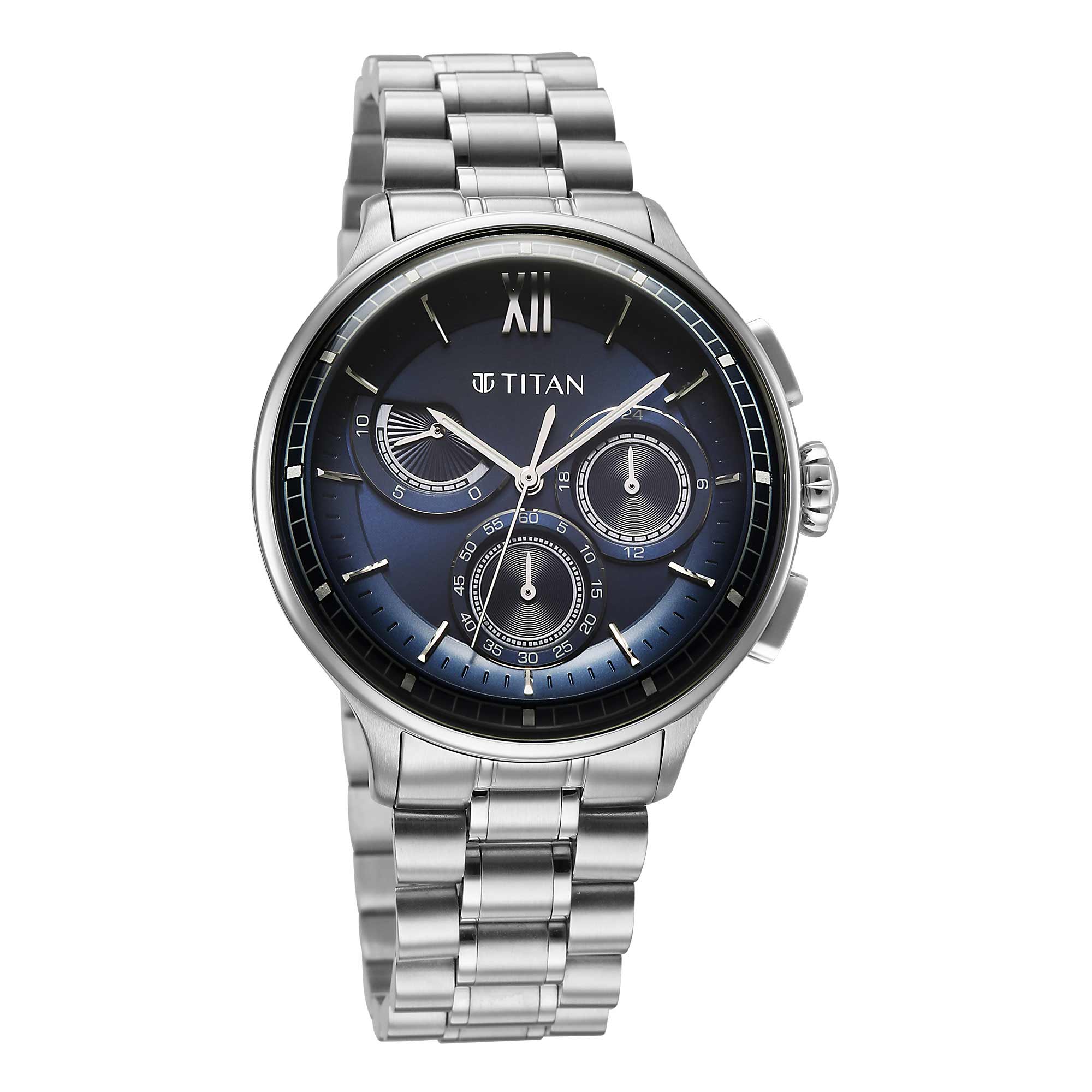 Titan Classique Blue Dial Silver Stainless Steel Strap Chronograph Watch for Men