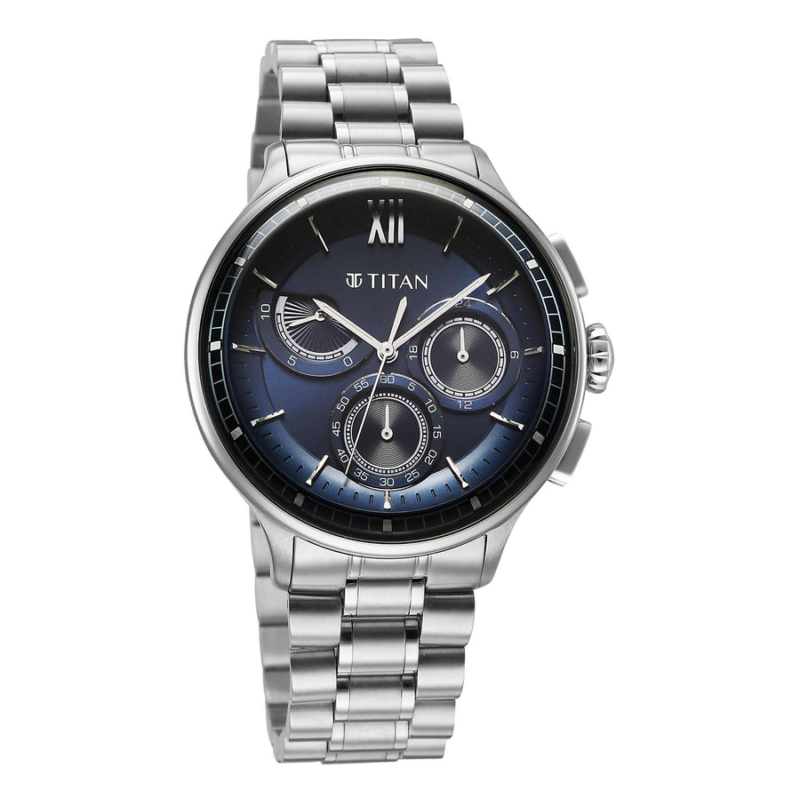 Titan Classique Blue Dial Silver Stainless Steel Strap Chronograph Watch for Men