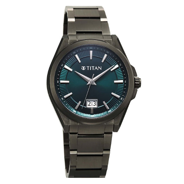 Titan Clsq Big Date Green Round Dial Stainless Steel Strap Watch For Men