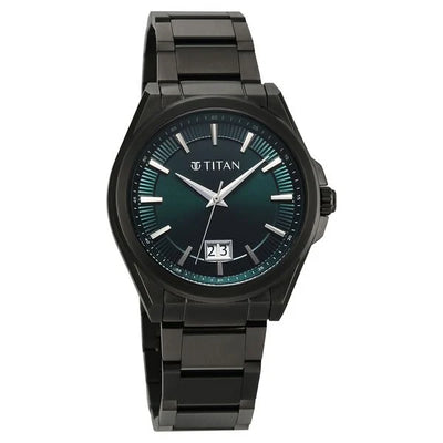Titan Clsq Big Date Green Round Dial Stainless Steel Strap Watch For Men