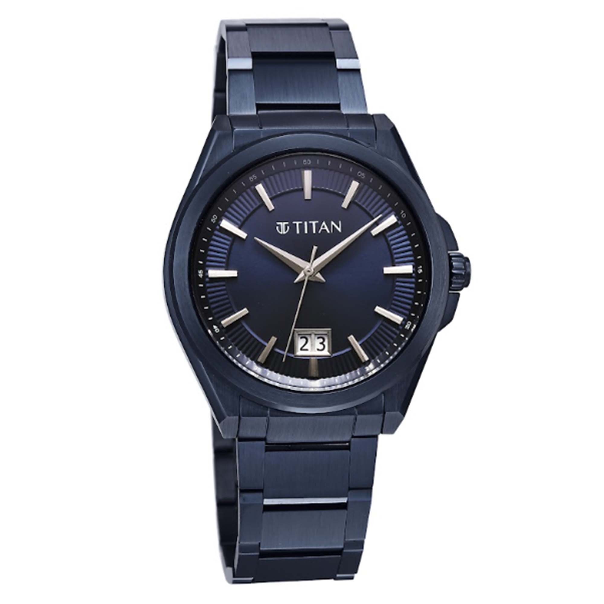Titan Clsq Big Date Blue Round Dial Stainless Steel Strap Watch For Men