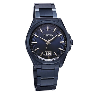 Titan Clsq Big Date Blue Round Dial Stainless Steel Strap Watch For Men