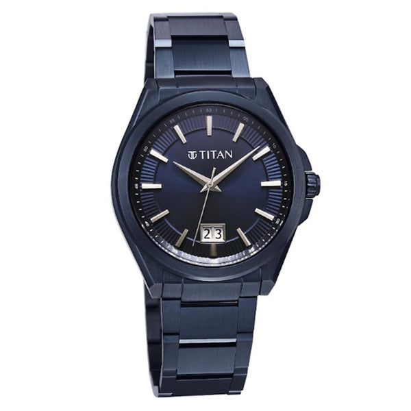 Titan Clsq Big Date Blue Round Dial Stainless Steel Strap Watch For Men