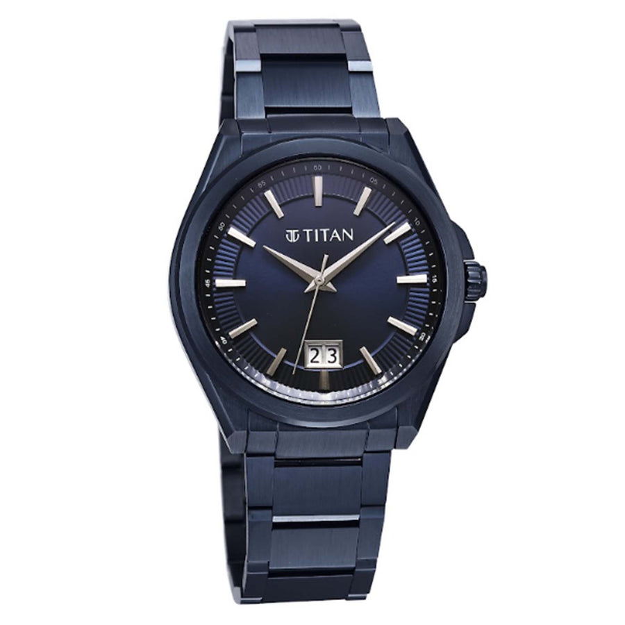 Titan Clsq Big Date Blue Round Dial Stainless Steel Strap Watch For Men