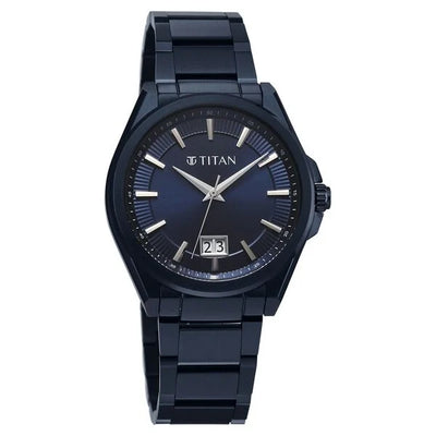 Titan Clsq Big Date Blue Round Dial Stainless Steel Strap Watch For Men