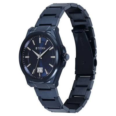 Titan Clsq Big Date Blue Round Dial Stainless Steel Strap Watch For Men